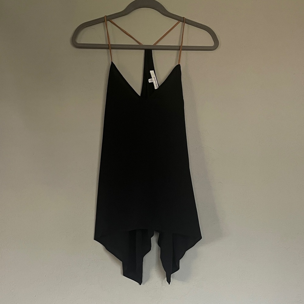 Lavendar Brown -Black Silk Spaghetti Leather Strap Asymmetrical Top SZ S